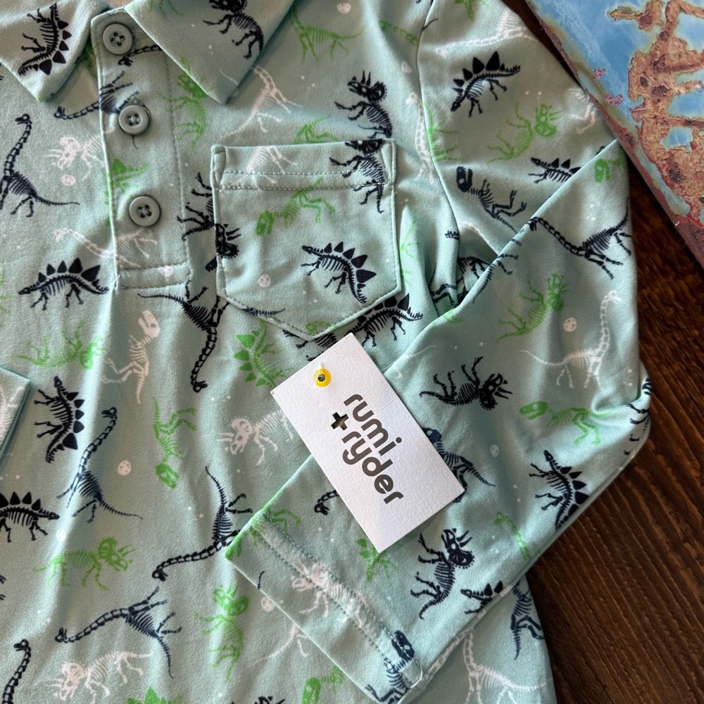 NWT Dinosaur Print Rumi & Ryder Green Blue Long Sleeve Polo Shirt Boys Size 4 - Picture 2 of 6